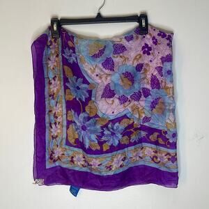 JANIE BESNER 100% Silk Purple and Blue Floral Print Square Scarf